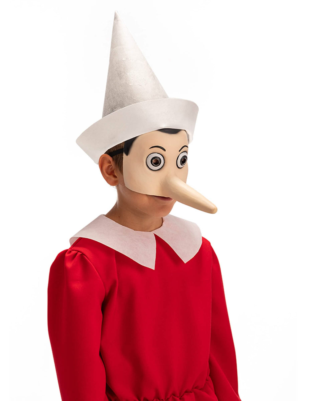 Demi masque latex Pinocchio pour adulte beige avec long nez et chapeau blanc