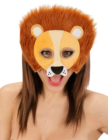 Demi masque peluche de lion pour adulte marron et jaune avec crinière
