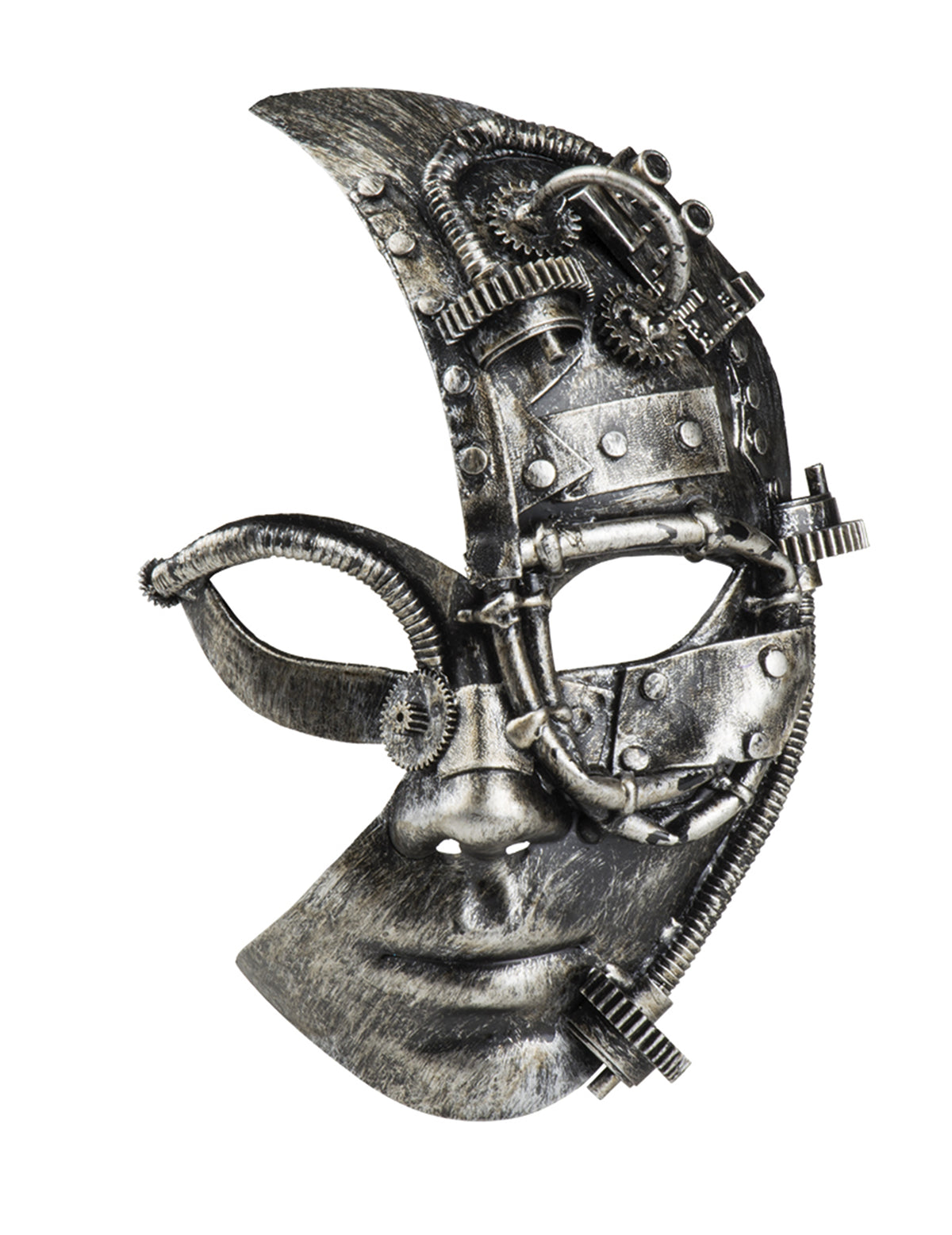 Vue de face avec les mains sur les tempes du demi masque robot Steampunk