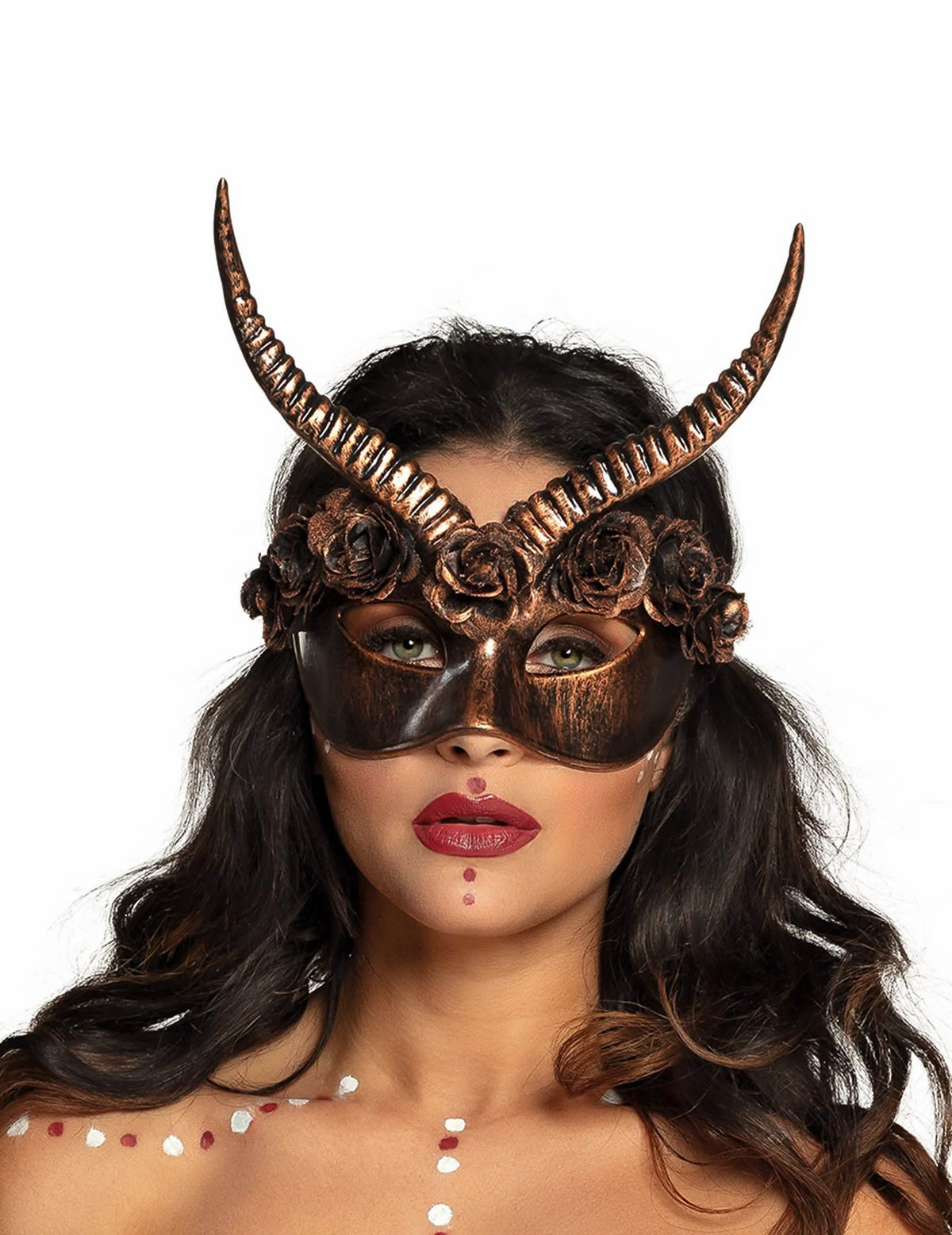Polovična maska seksi steampunk za odrasli bronaste barve z rogovi in vrtnicami