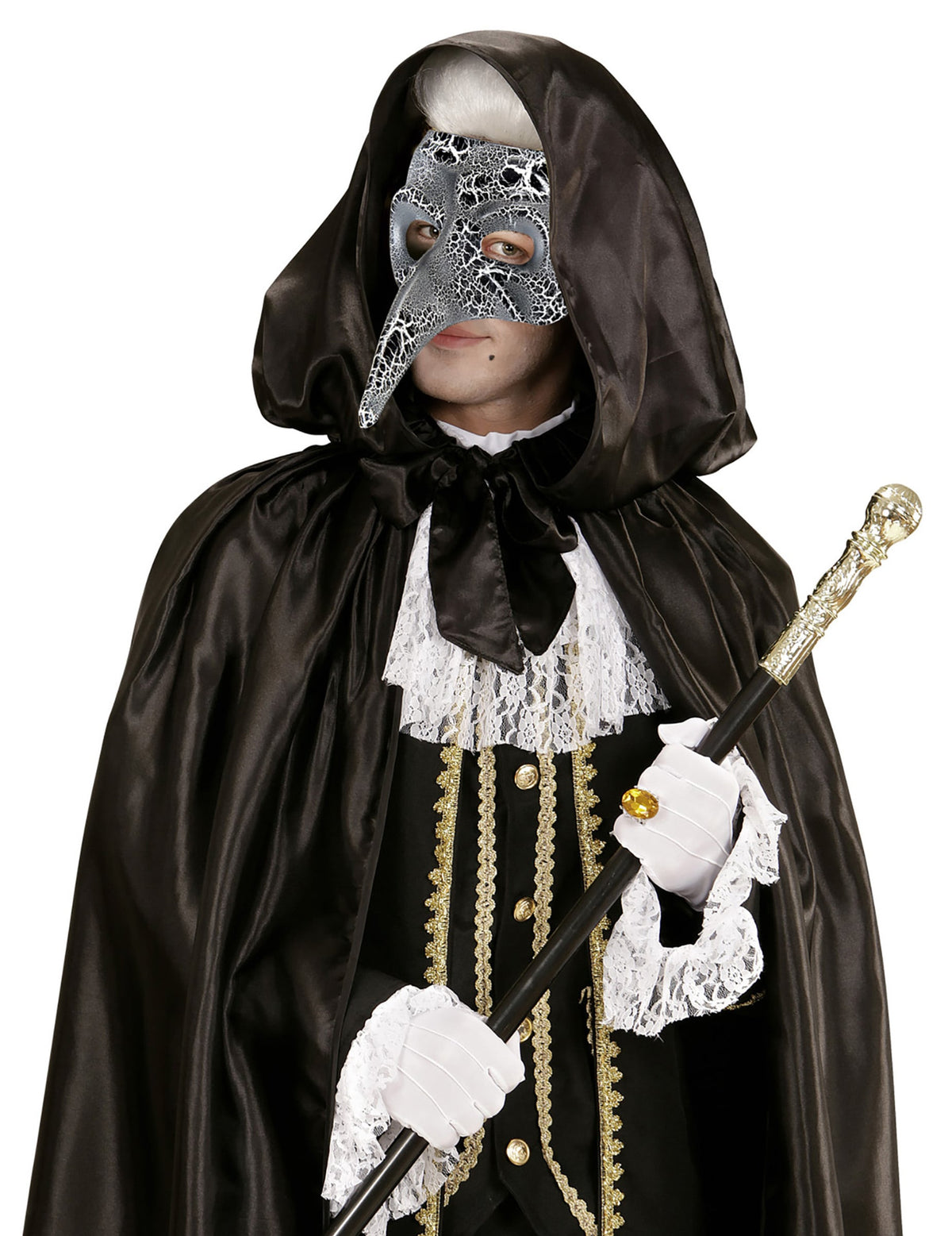 Masque porté avec une cape du demi-masque vénitien à long nez effet craquelé