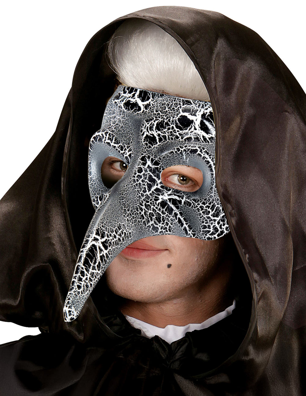 Demi-masque vénitien à long nez effet craquelé pour adulte noir et blanc