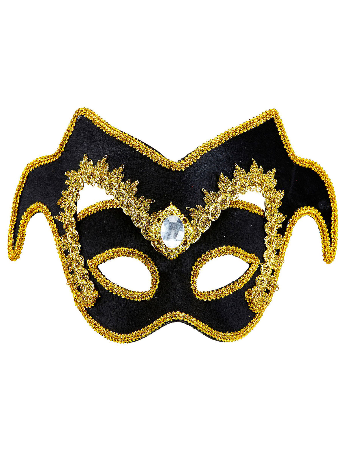 Demi masque vénitien pour adulte noir et doré avec bijou