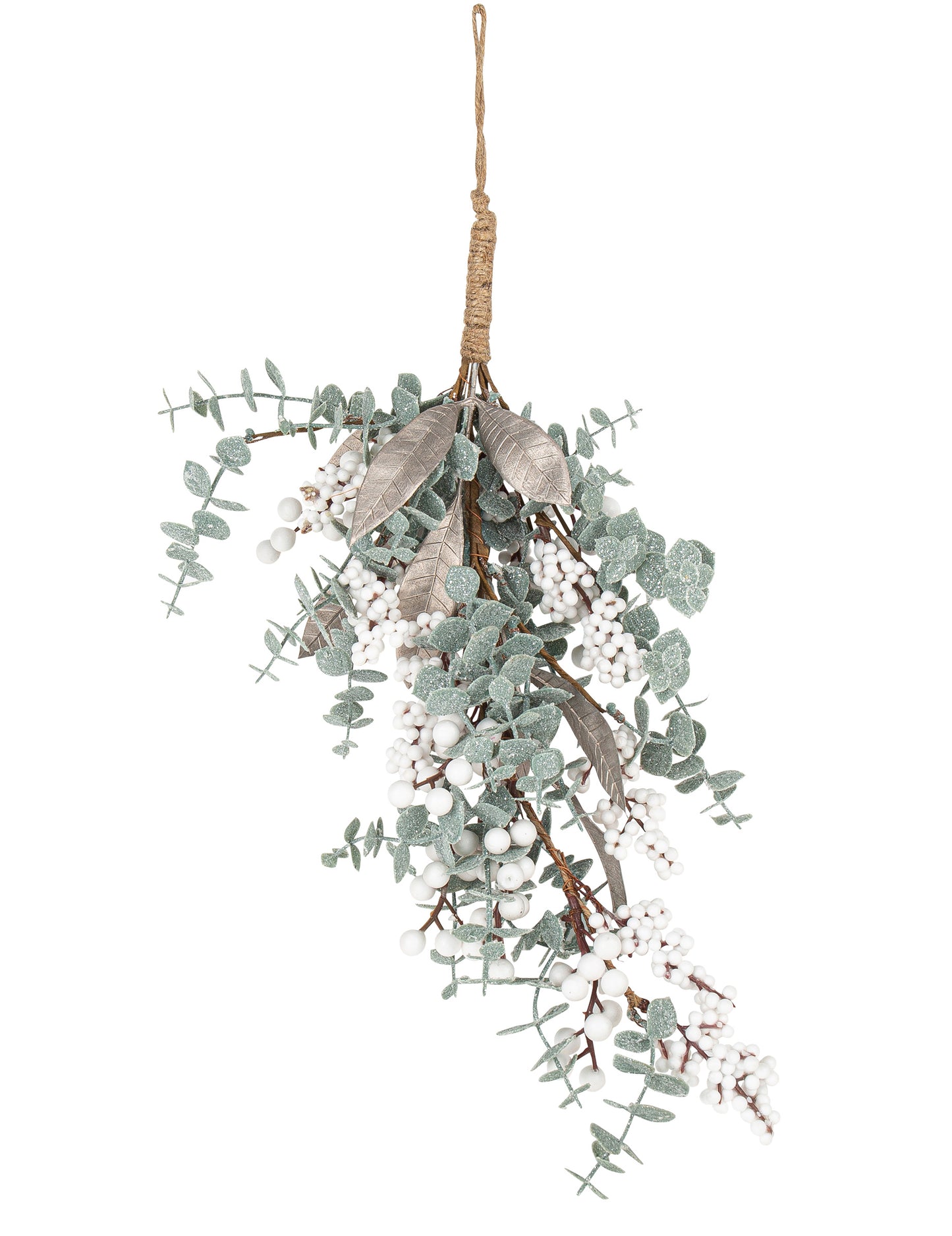 Descente de branches eucalyptus de Noël paillettes irisées et baies blanches