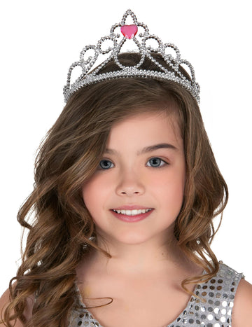 Diadème princesse cœur pour adulte et enfant argenté avec cœur rose