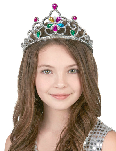 Diadème de princesse pour adulte et enfant argenté serti de pierres multicolores