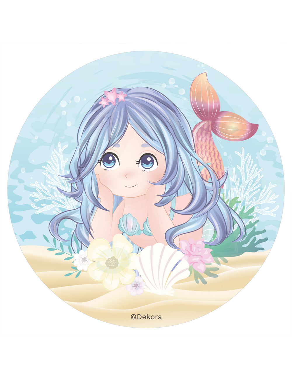 Disque azyme sirène bleu et rose pastel avec fleurs et coquillages