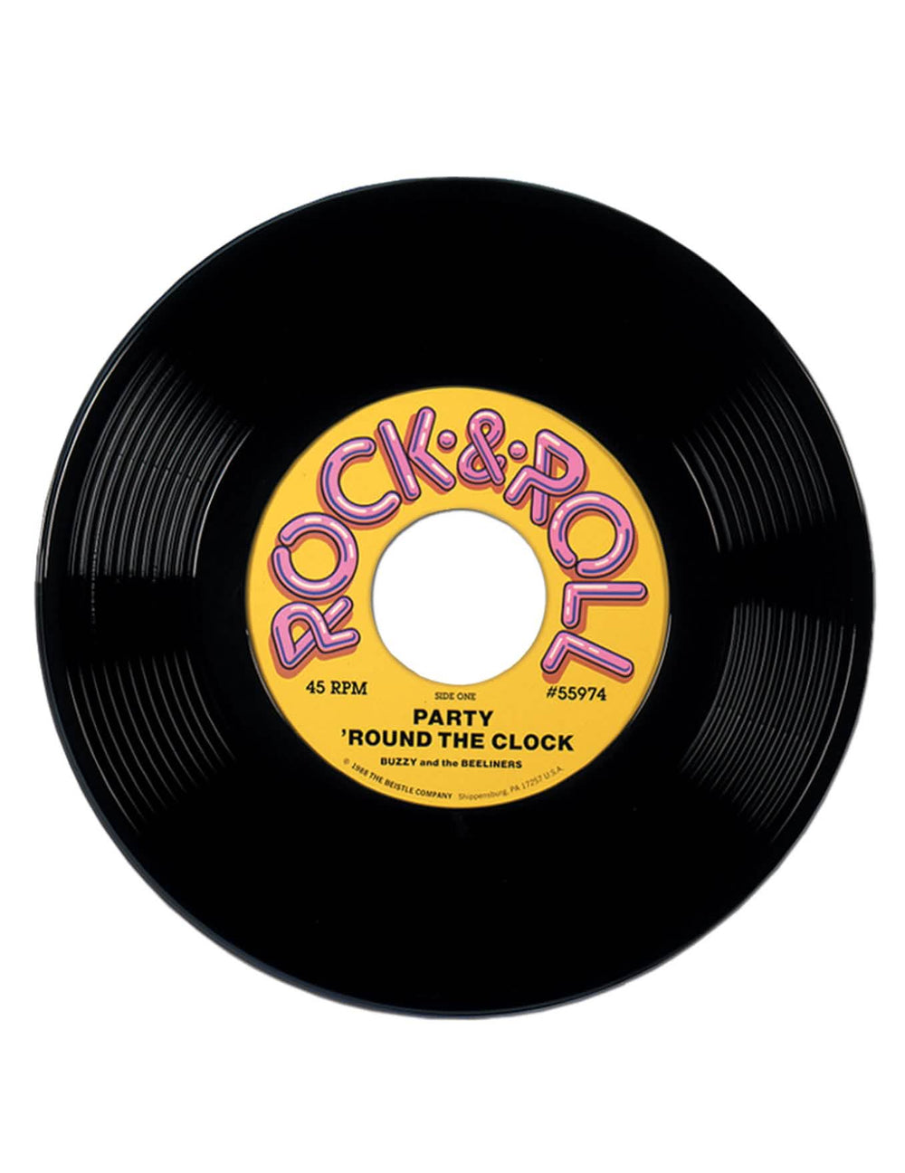 Ogromen vinilni disk, dekoracija iz 50. let za zabavo, črna z rumena nalepko rock & roll