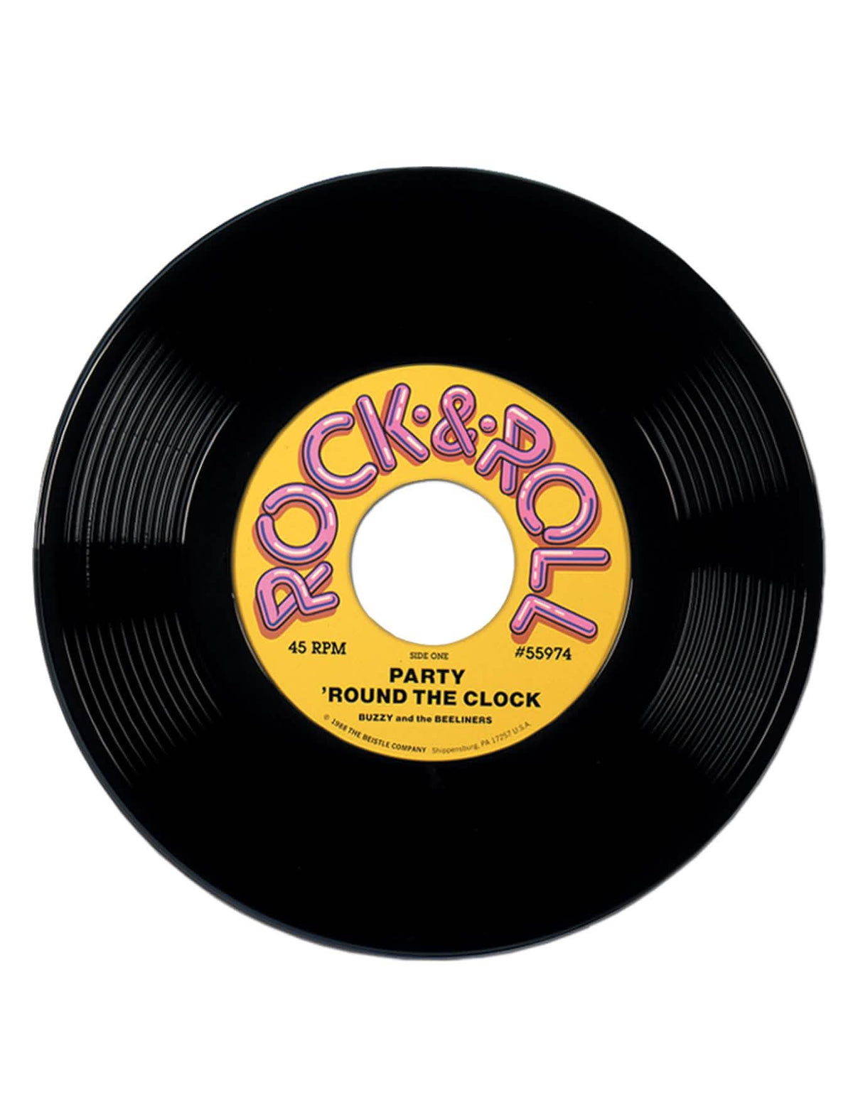 Ogromen vinilni disk, dekoracija iz 50. let za zabavo, črna z rumena nalepko rock & roll