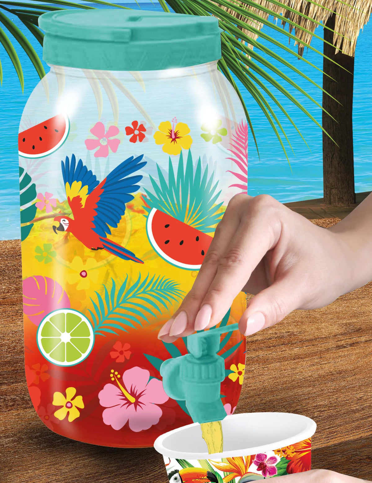 Distributeur de boisson à motifs exotiques pour fête multicolore avec fleurs et perroquet