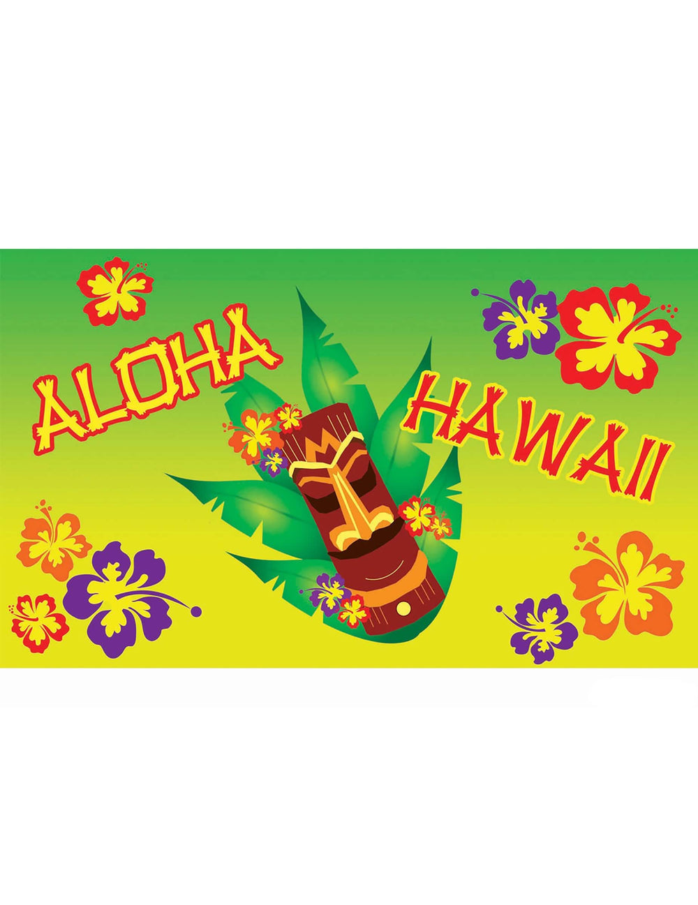 Stenska dekoracija Aloha zelena in rumena s Tiki in cvetovi hibiskusa