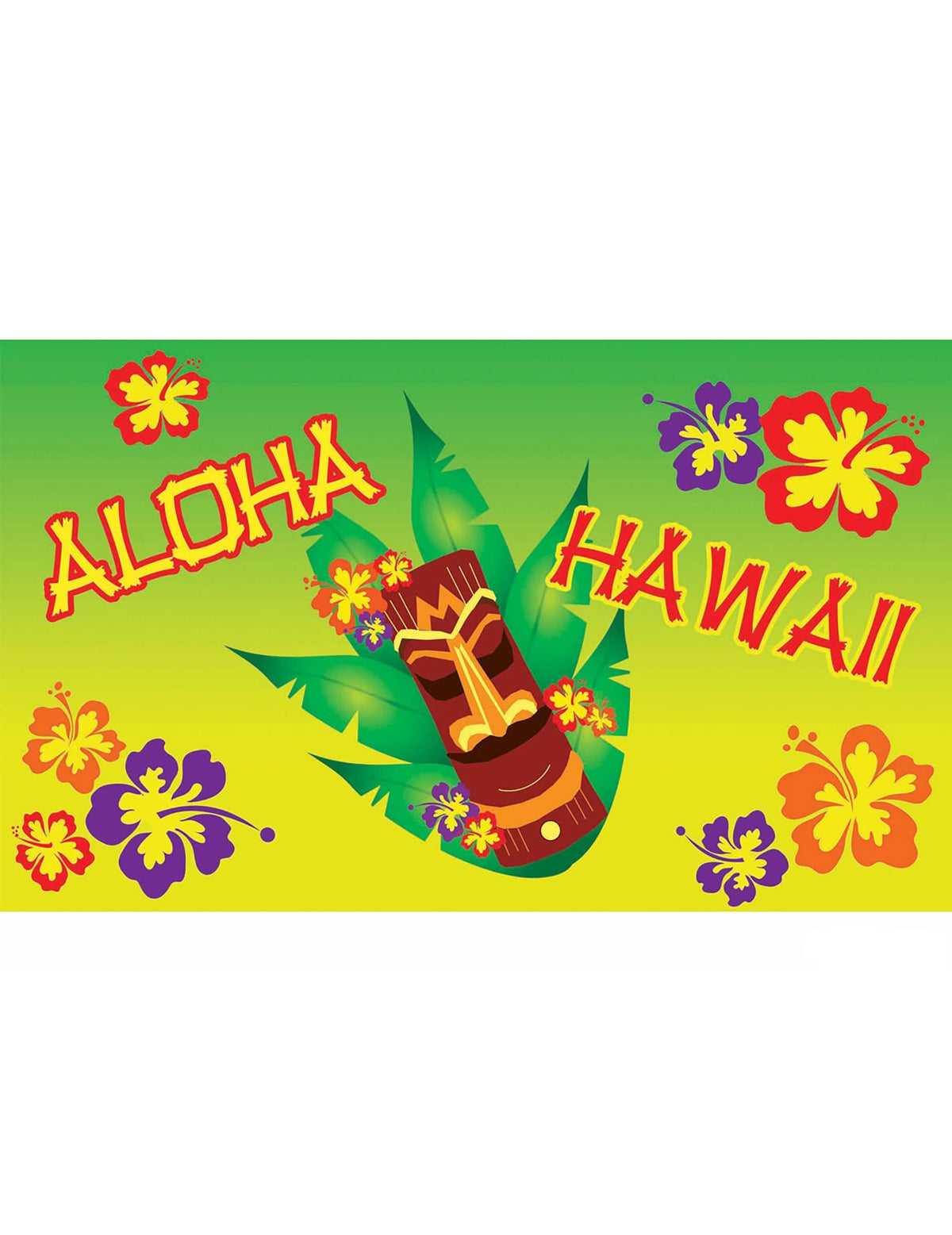 Stenska dekoracija Aloha zelena in rumena s Tiki in cvetovi hibiskusa