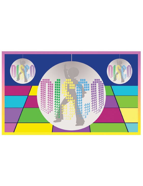 Drapeau disco pour fête multicolore avec boules à facettes et silhouettes de danseurs