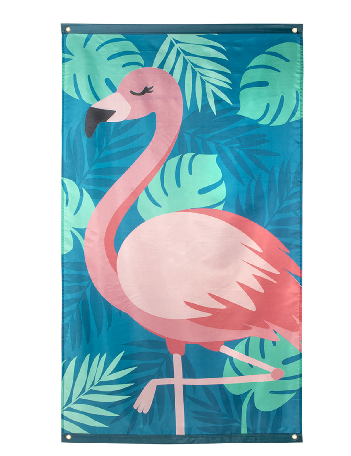 Drapeau Flamant Tropic en tissu rose et bleu à motif de feuilles tropicales