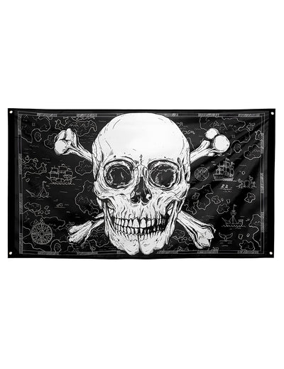 Drapeau Pirate Jolly Roger pour décoration noir et blanc avec motif carte au trésor