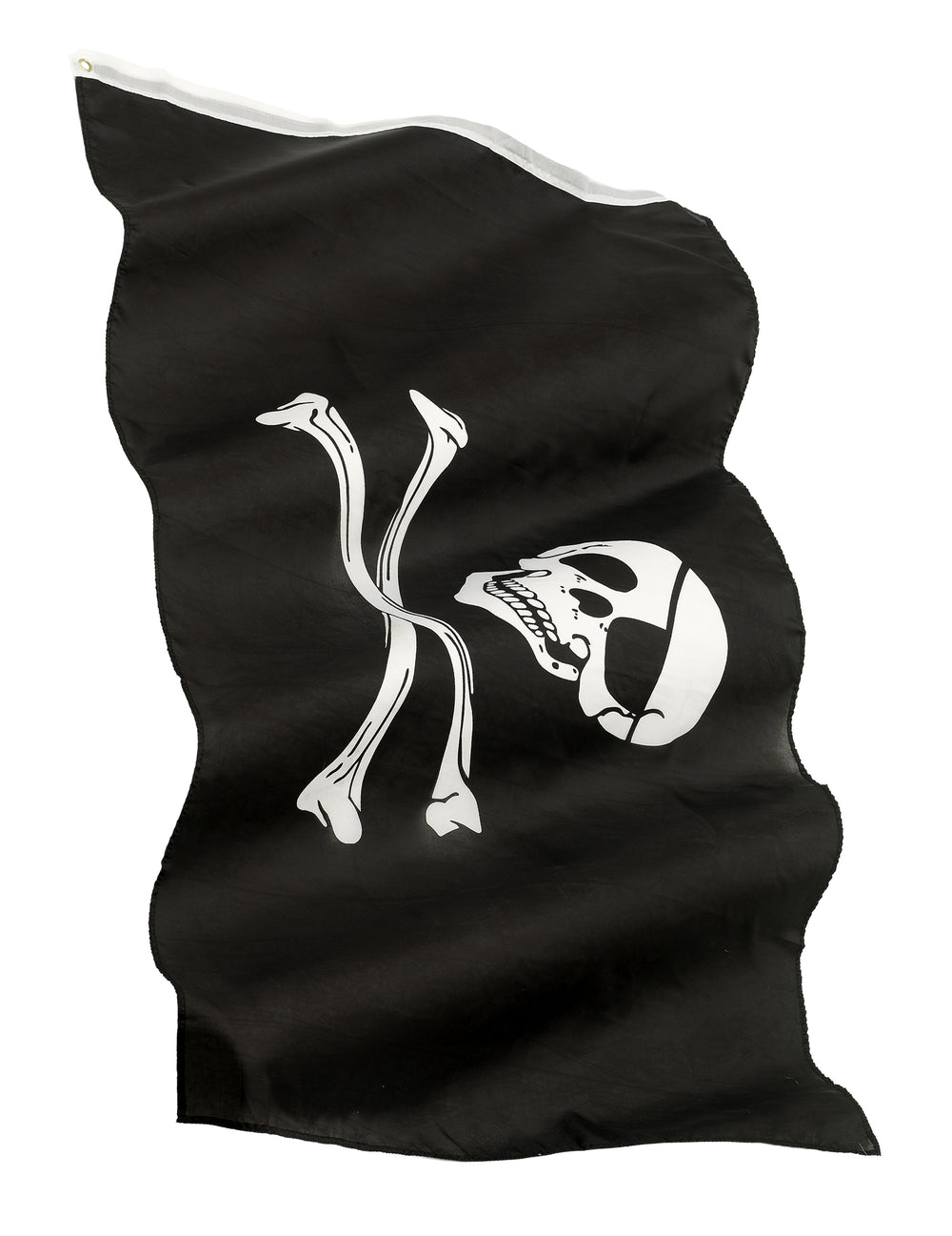 Drapeau pirate noir avec tête de mort de profil et os blancs