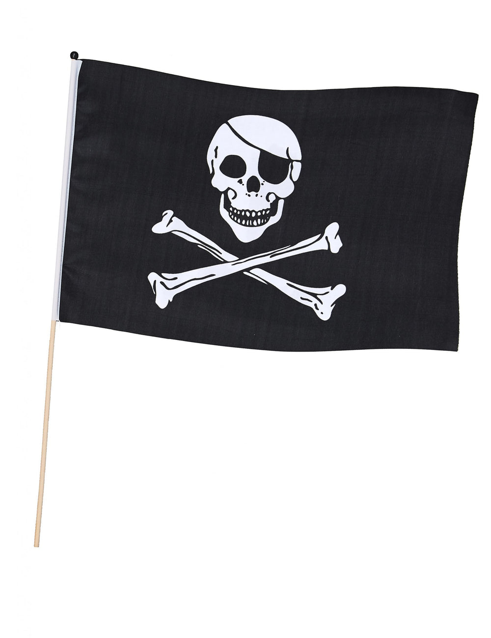 Drapeau sur tige de pirate noir avec tête de mort à cache-œil et os croisés