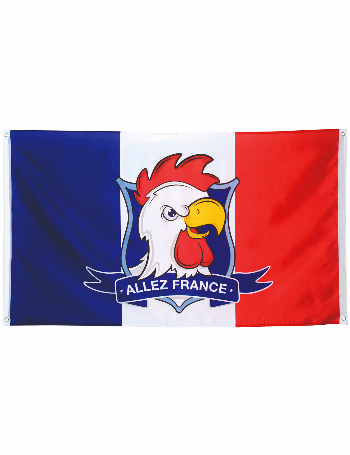 Drapeau supporter Allez France pour adulte bleu blanc rouge avec logo coq