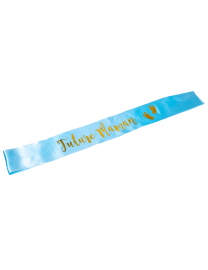 Écharpe en satin future maman pour baby shower bleue et dorure