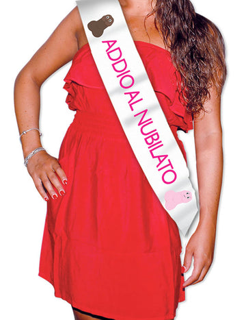 Echarpe métallisée addio al nubilato pour femme blanche avec motifs humoristiques roses