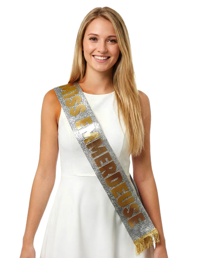 Echarpe Miss Emmerdeuse pour femme à paillettes argentées et lettrage doré