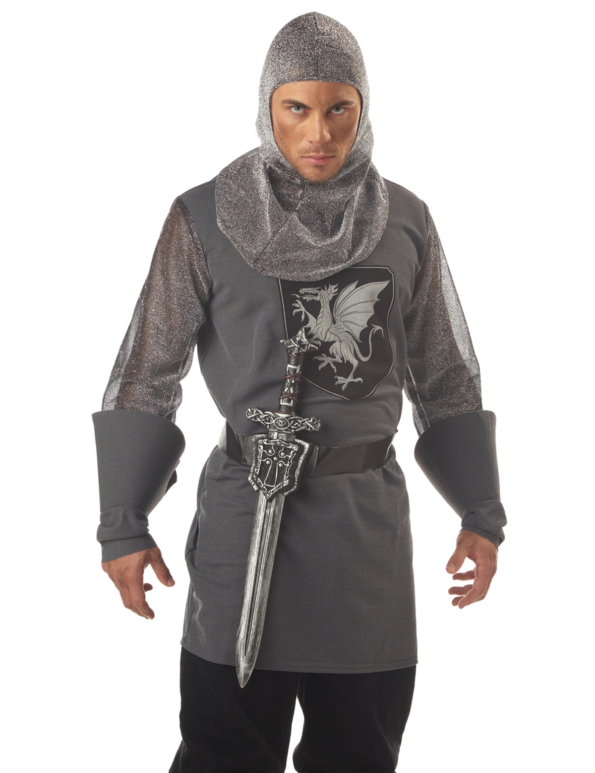 Vue de face de l'épée de chevalier en plastique et ceinture