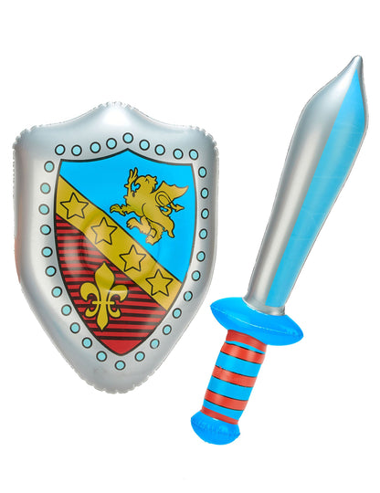 Napihljiva meč in ščit v modri in sivi barvi za otroke z rumenim grbom