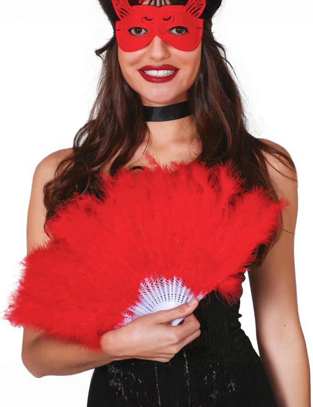 Vue d'ensemble de l'éventail à plumes pour femme rouge