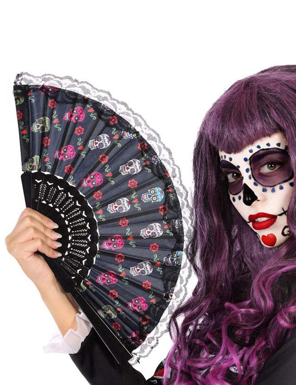 Eventail dentelle Dia de los muertos pour adulte noir à motifs têtes de mort colorées