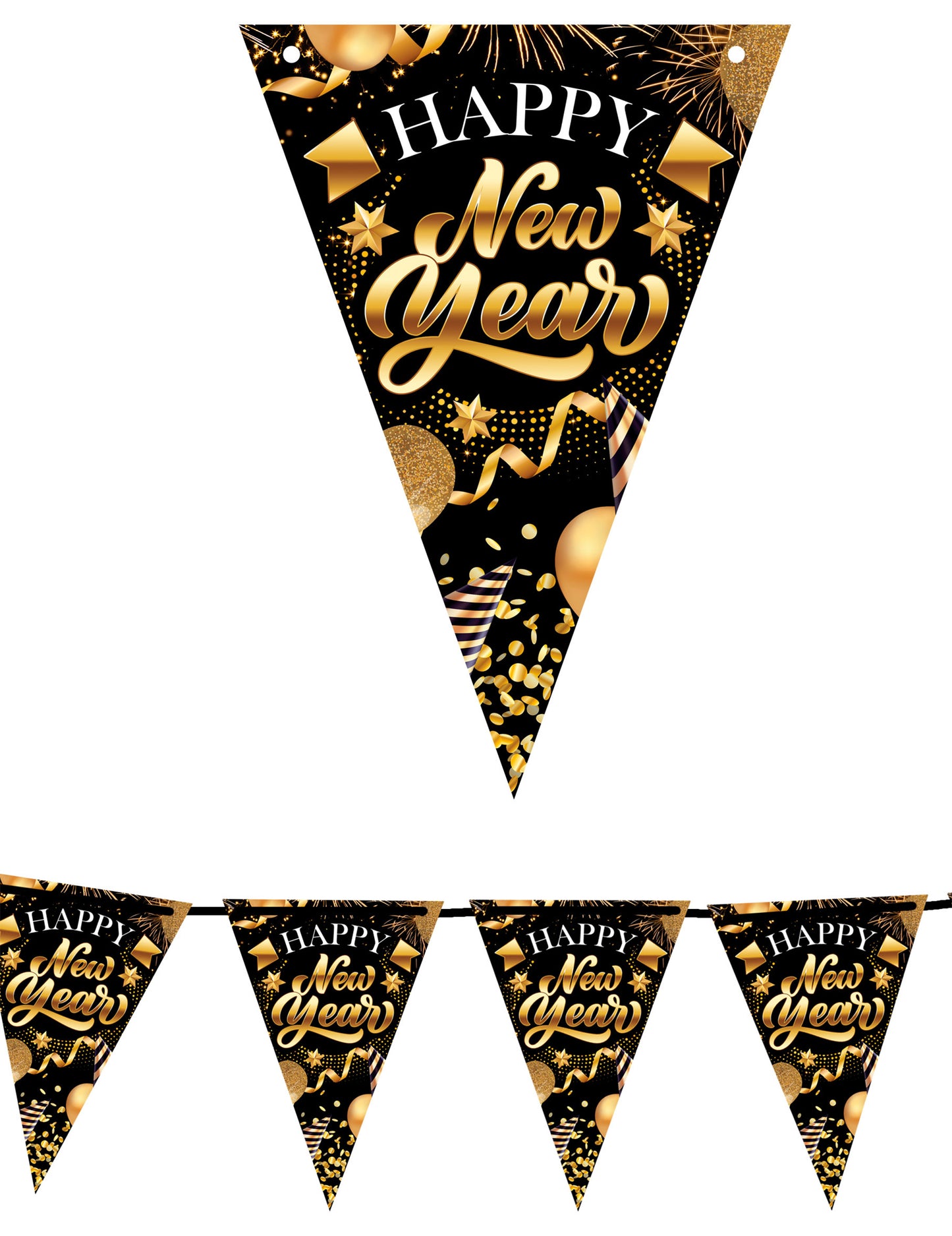 3m črno-zlata kartonska girlanda z zastavicami za srečno novo leto