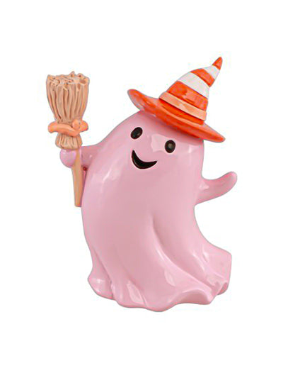 Dekorativni duh Summerween iz smole s pastelno roza metlo 12,3 x 8,8 x 15 cm