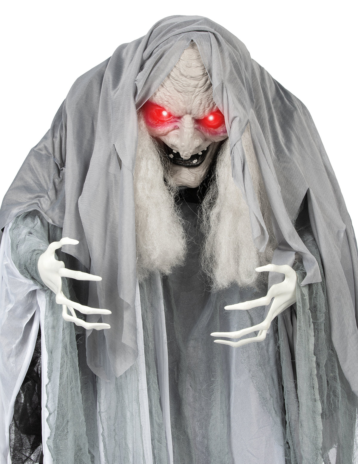 Gros plan sur le visage et les mains de la sorcière animée pour décoration d'Halloween