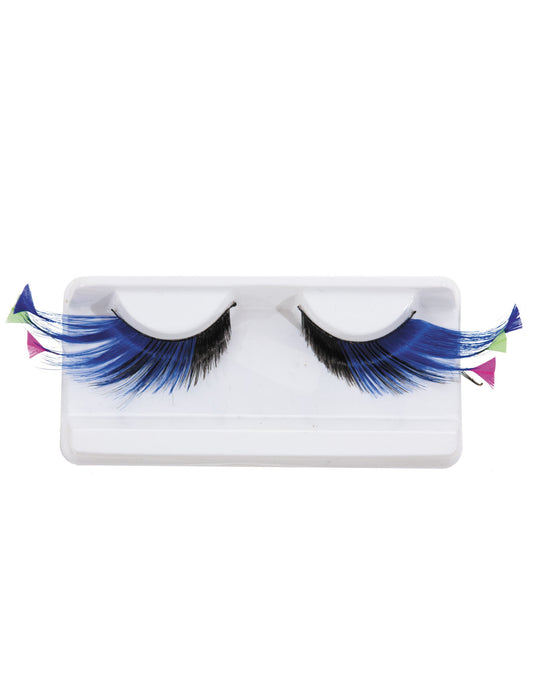 Vue de face de la paire de faux cils longs avec plumes fluo pour adulte