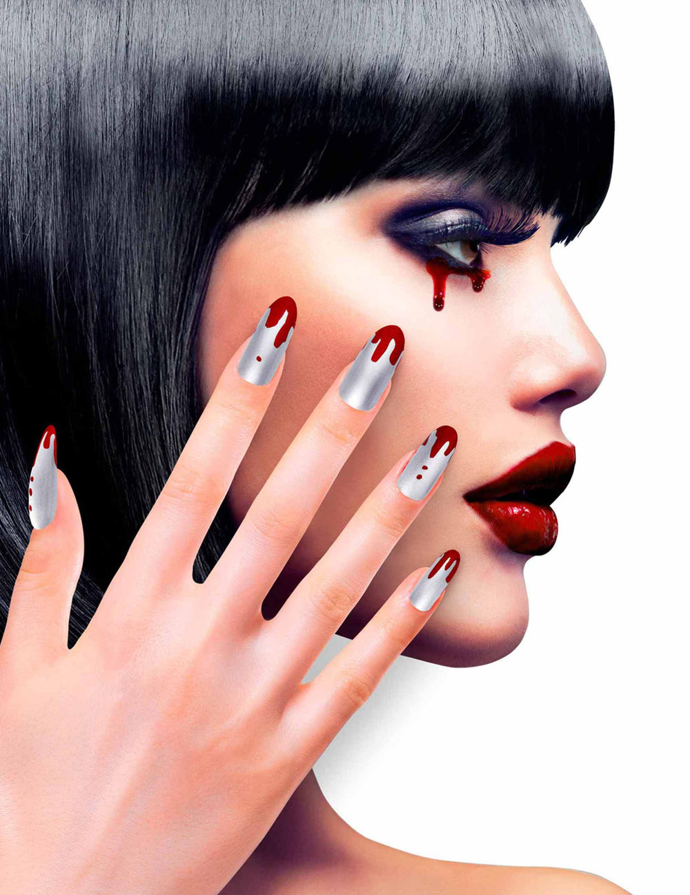 Faux ongles adhésifs Halloween pour femme argentés ensanglantés