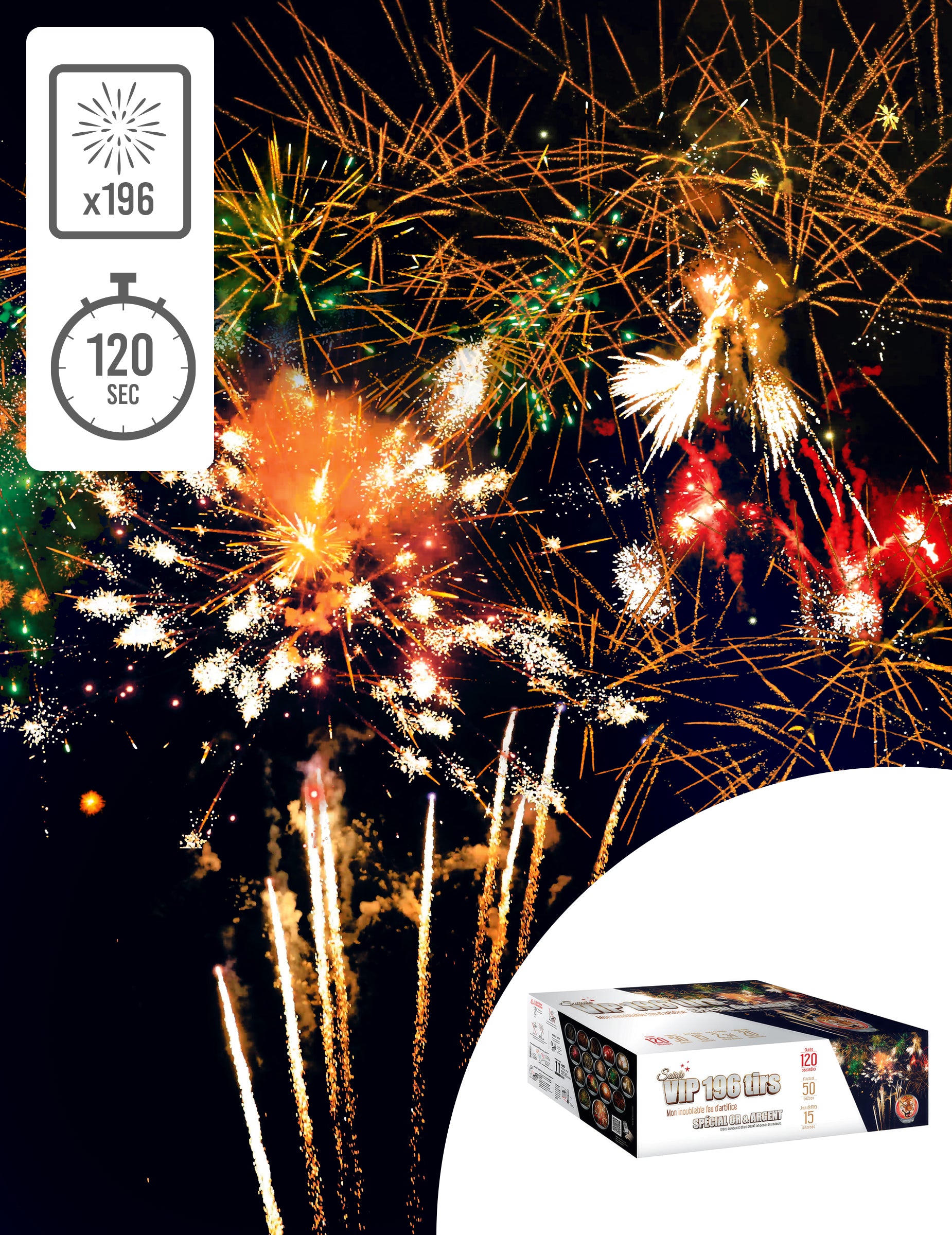Feu d'artifice Soirée VIP pour fête or et argent 196 tirs 120 sec