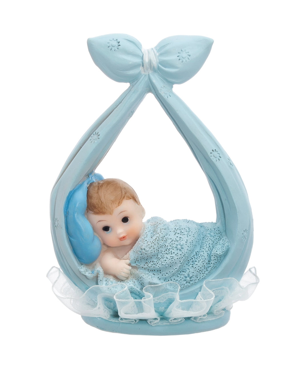 Figurine petit garçon dans une écharpe pour baptême bleue