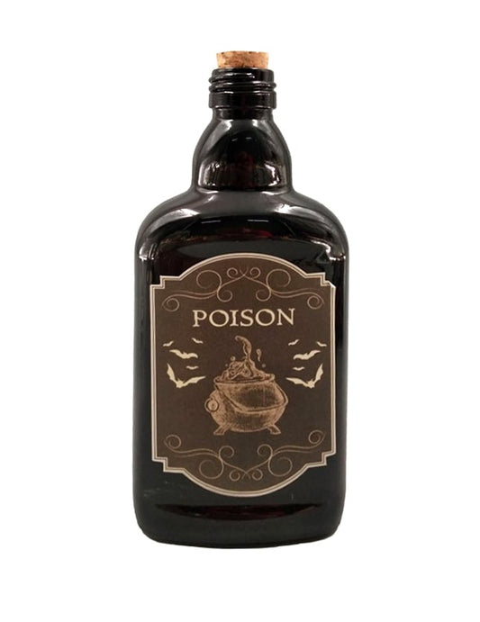 Flacon de poison pour Halloween noir avec étiquette chaudron et bouchon en liège