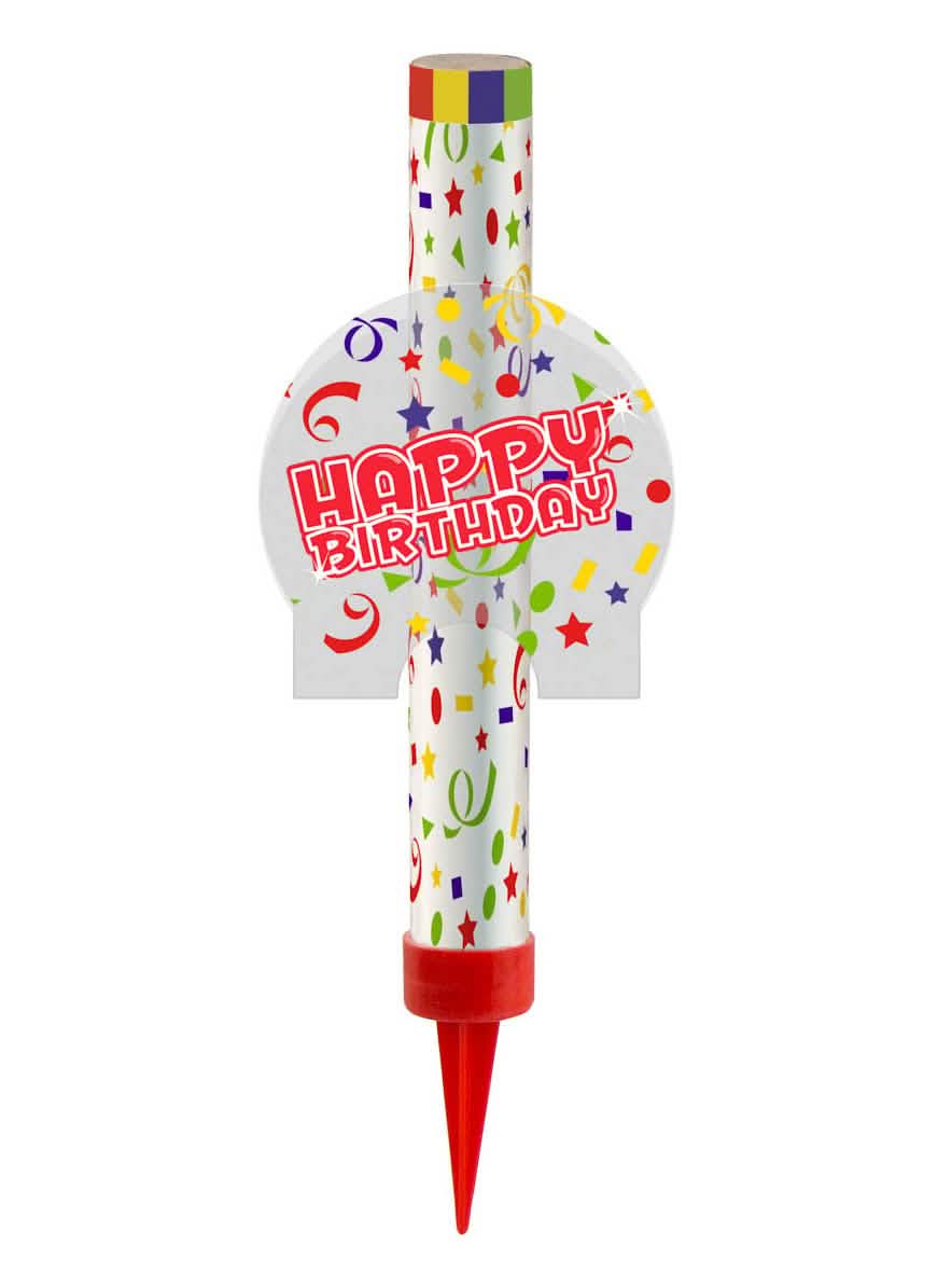 fontana za led Happy Birthday za torto bela in pisano s konfeti