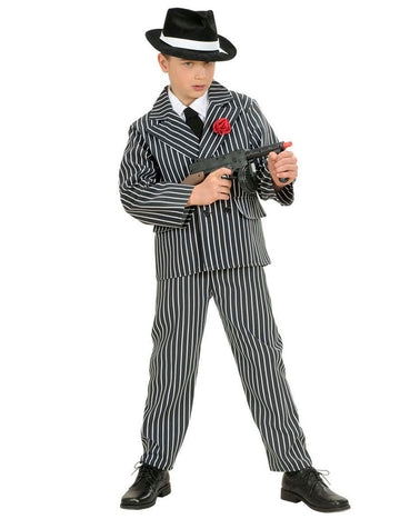 Črno-bel črtast gangster kostum za dečka s klobukom