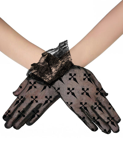 Gants courts à croix noires pour adulte noirs en dentelle