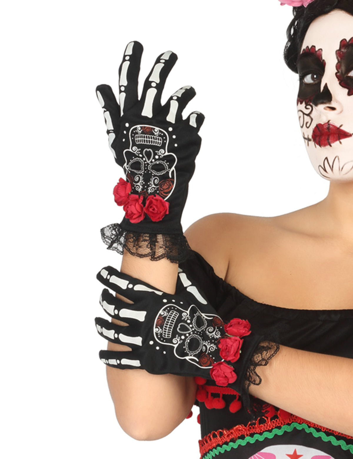 Gants courts squelette mexicain Dia de los muertos pour femme noirs avec roses rouges et dentelle
