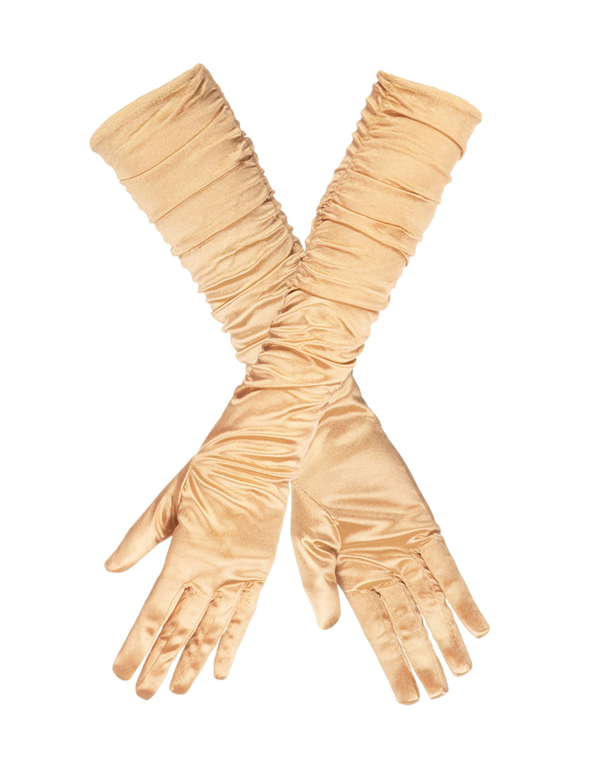 Vue des gants croisés des gants longs satinés pour femme dorés