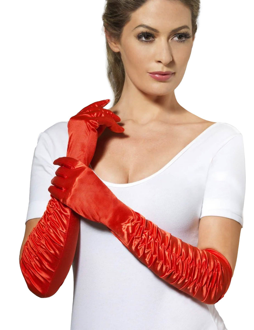 Gants mi-longs satinés pour femme rouges avec plis