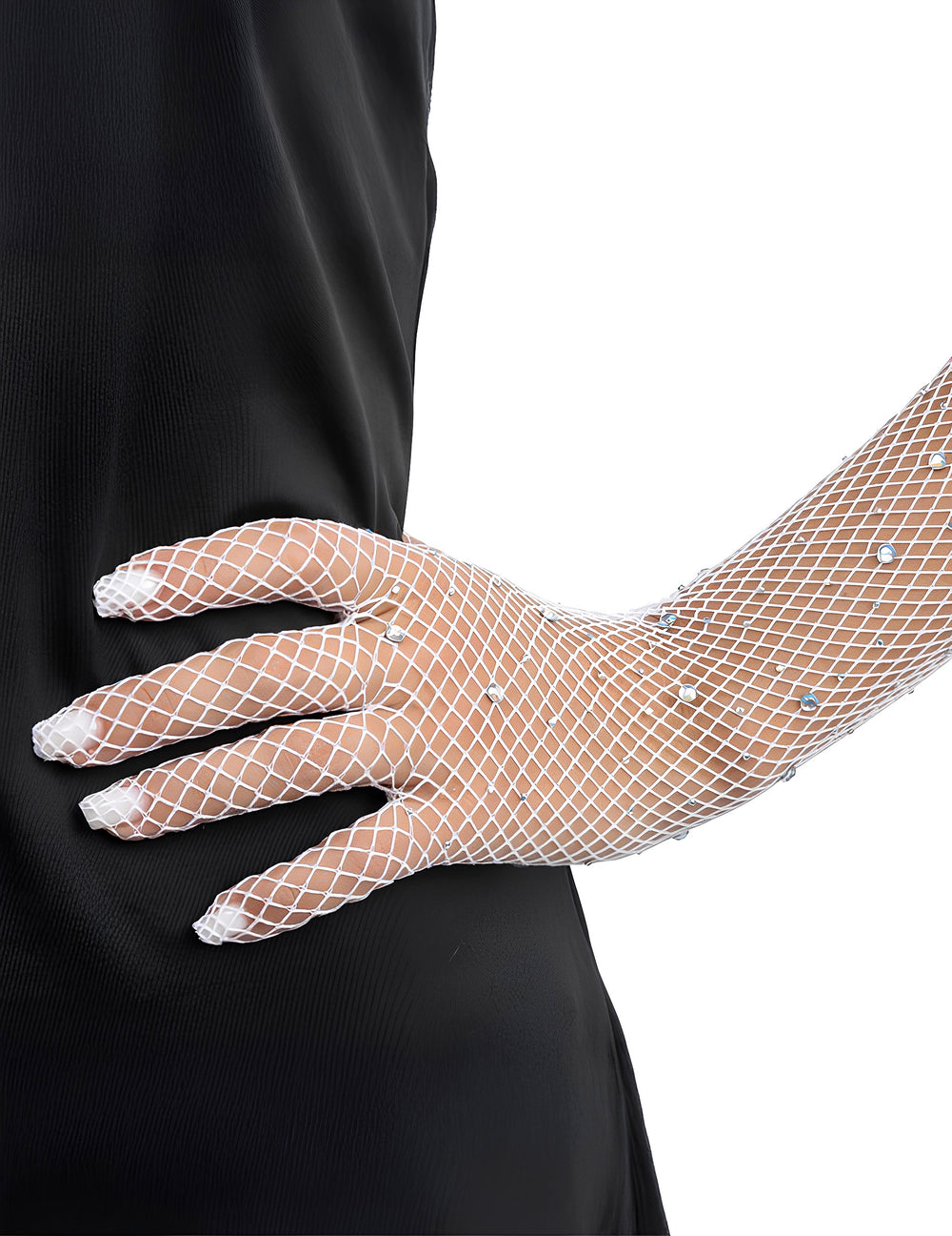 Détail des strass sur la main des gants résille longs pour adulte