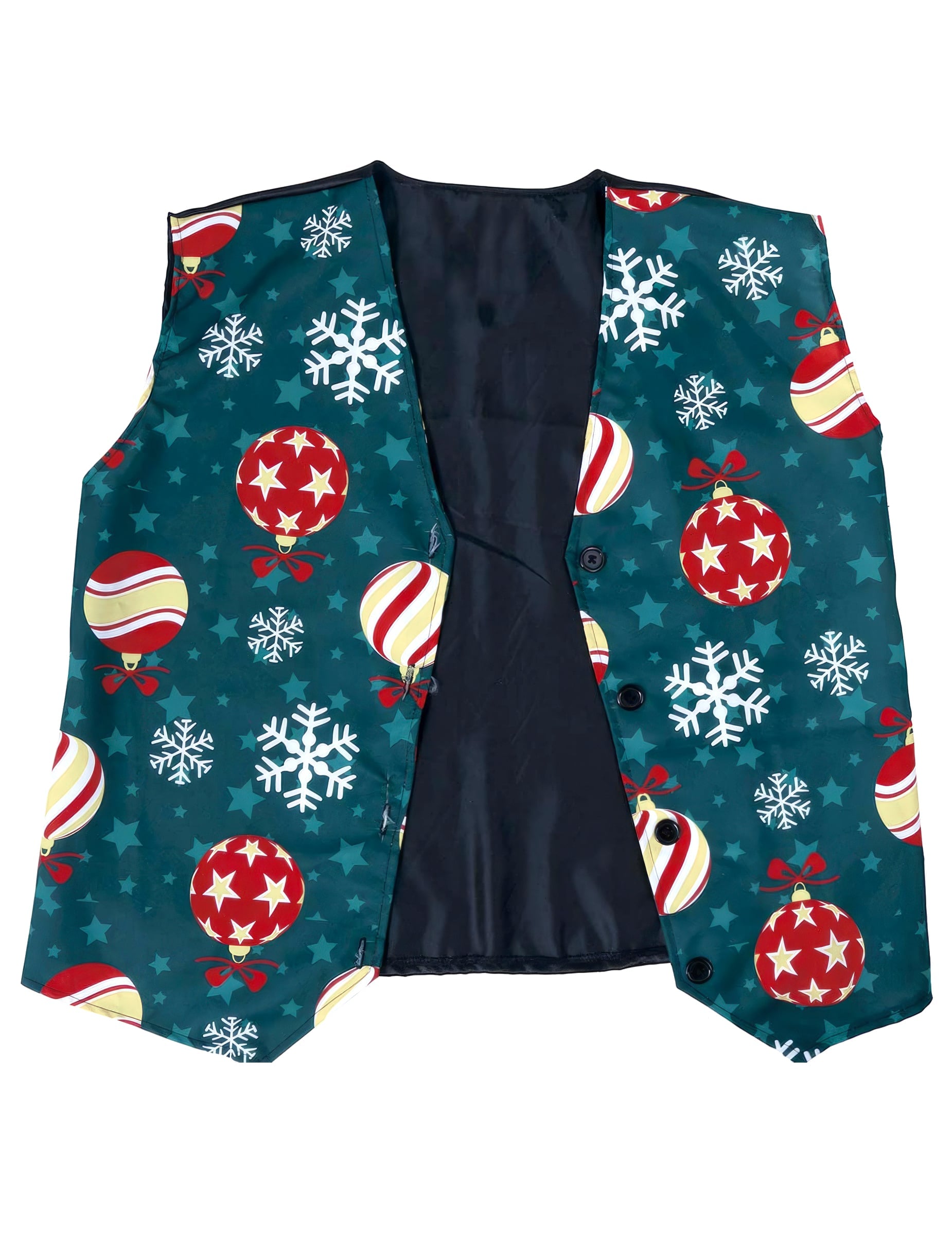 Vue de face à plat du gilet à motifs flocons et boules de Noël pour adulte