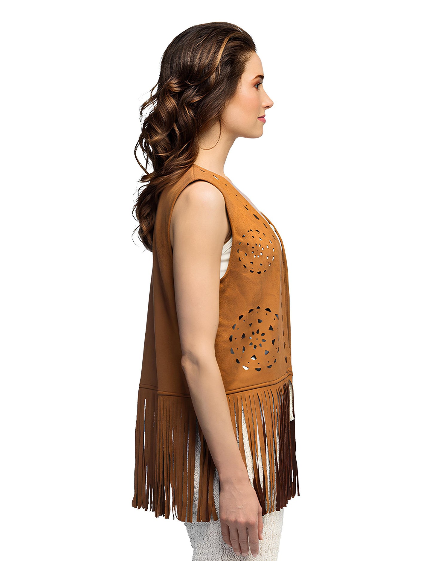 Ženski rjav hipi brezrokavnik z resicami