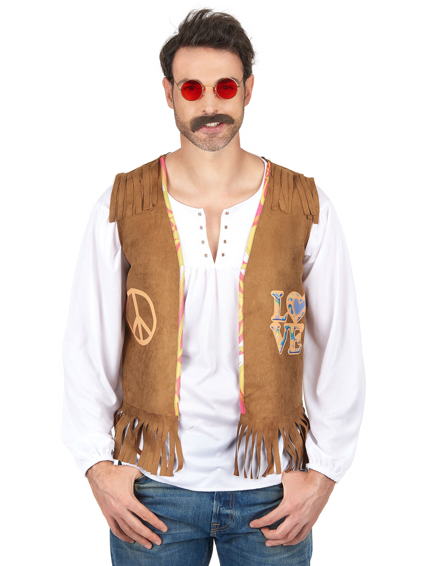 Gilet hippie pour homme marron à franges avec motifs peace and love