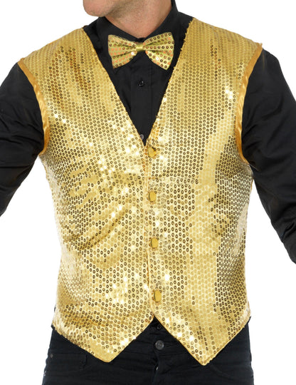 Gros plan sur le gilet et le nœud papillon du gilet à sequins pour adulte or