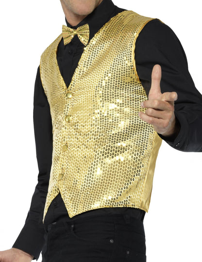 Vue de face du gilet à sequins pour adulte or