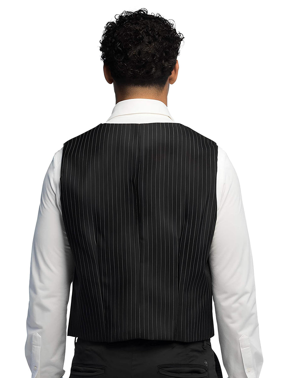 Vue de dos du gilet rayé pour homme noir à fines rayures blanches